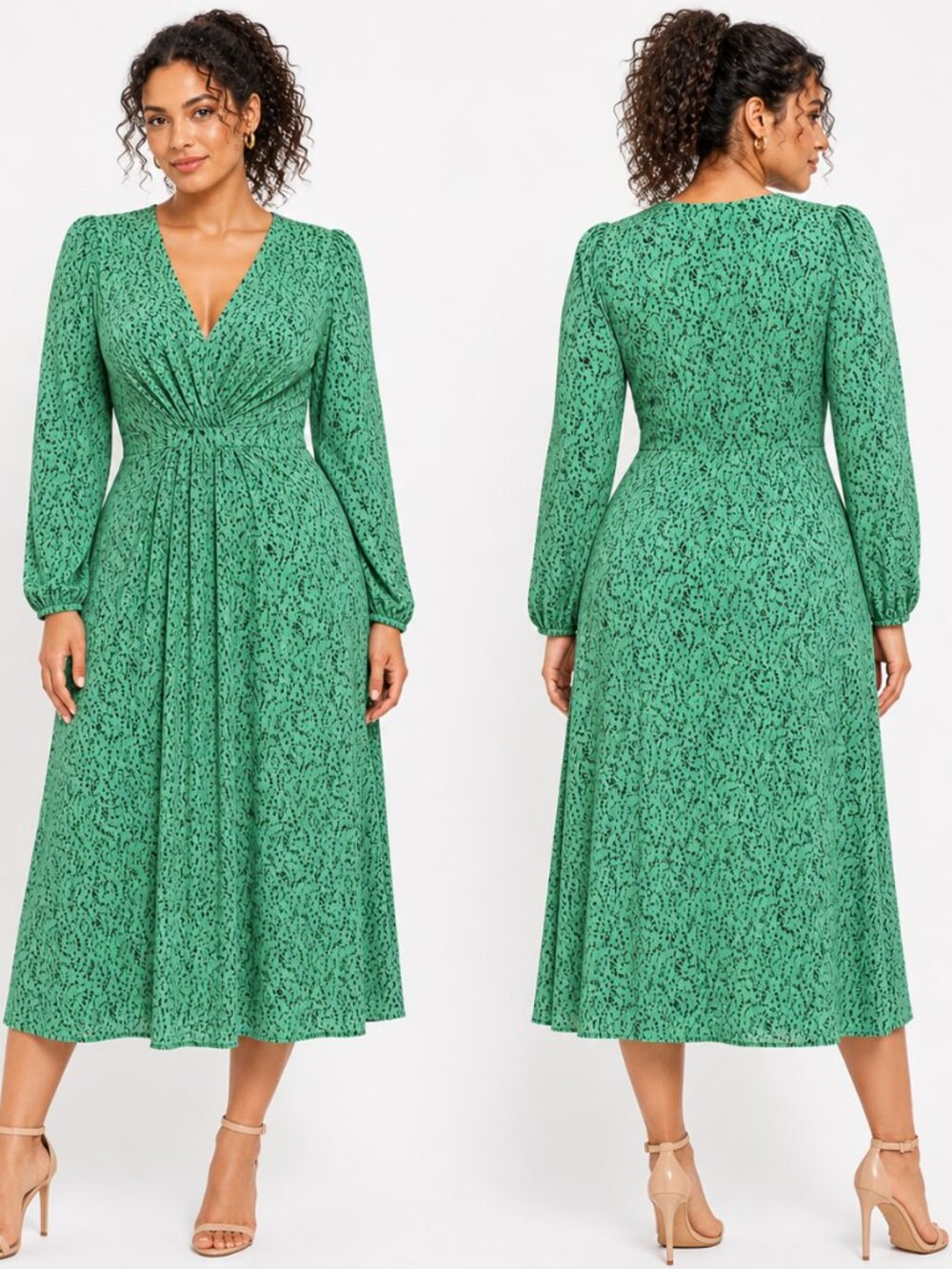 Mango MNG Green Floral Pleated V-Neck Midi Dress Long Puff Sleeve Size 6